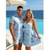 Vacation Couple Outfit Allover Tropical Plant Leaf Pattern Ruched Bust Belt Sweetheart Neck A Line Mini Dress and Roll Up Sleeve Shirt Casual Matching Outfit - Bleu S | US 4