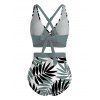Vacation Swimsuit Set Crossover Two-tone Palm Leaf Pattern Boyshorts Swimwear - Turquoise Foncée XXL | US 14