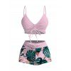 Vacation Swimsuit Set Cinched Bowknot Tropical Monstera Leaf Print Boyshorts Swimwear - Rose XXL | US 14
