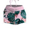 Vacation Swimsuit Set Cinched Bowknot Tropical Monstera Leaf Print Boyshorts Swimwear - Rose XXL | US 14