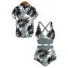 Vacation Couple Outfit Crossover Two-tone Palm Leaf Pattern Swimsuit and Shirt Set - Turquoise Foncée S | US 4
