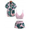 Vacation Couple Outfit Cinched Bowknot Tropical Monstera Leaf Print Boyshorts Swimsuit and Shirt Set - Rose S | US 4