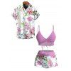 Vacation Couple Outfit Cinched Watercolor Floral Vine Print Boyshorts Swimsuit and Shirt Set - Violet clair S | US 4