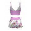 Vacation Couple Outfit Cinched Watercolor Floral Vine Print Boyshorts Swimsuit and Shirt Set - Violet clair S | US 4