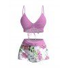 Vacation Couple Outfit Cinched Watercolor Floral Vine Print Boyshorts Swimsuit and Shirt Set - Violet clair S | US 4
