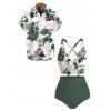 Vacation Couple Outfit Botanical Floral Leaf Print Crossover Ruched Swimsuit and Shirt Set - Vert Armée S | US 4