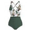 Vacation Couple Outfit Botanical Floral Leaf Print Crossover Ruched Swimsuit and Shirt Set - Vert Armée S | US 4