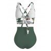 Vacation Couple Outfit Botanical Floral Leaf Print Crossover Ruched Swimsuit and Shirt Set - Vert Armée S | US 4