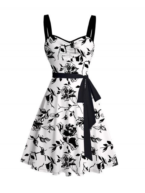 Mini Robe Ceinturée Feuille Fleurie Imprimée sans Manches à Volants