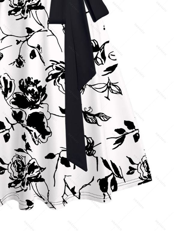 Mini Robe Ceinturée Feuille Fleurie Imprimée sans Manches à Volants - Blanc XXXXXL | US 20