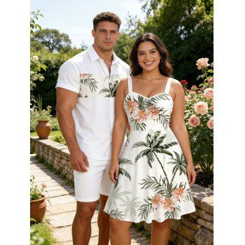 Vacation Couple Outfit Floral Coconut Tree Print Ruched Dress and Shirt Set