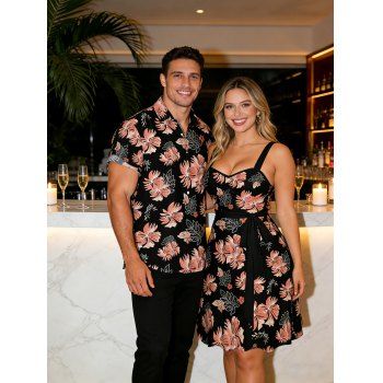 Tropical Flower Leaf Print Hawaii Vacation Belted Mini Dress And Short Sleeve Shirt Matching Outfit
