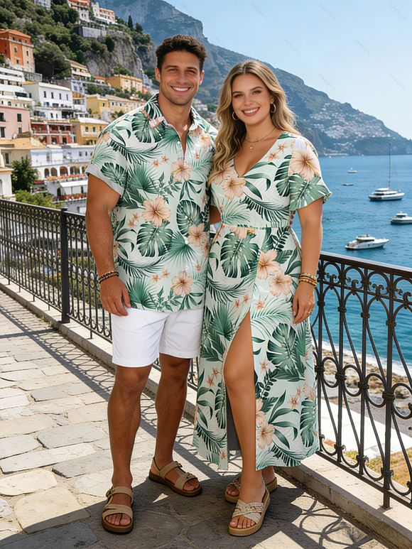 Beach Vacation Couple Outfit Hibiscus Floral Leaf Print Slit Dress and Shirt Set - Vert S | US 4