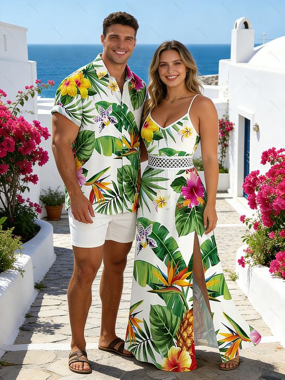 Vacation Couple Outfit Tropical Leaf Flower Pineapple Print Hollow Out Slit Dress and Shirt Set - Vert S | US 4