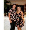 Tropical Flower Leaf Print Hawaii Vacation Belted Mini Dress And Short Sleeve Shirt Matching Outfit - Noir S | US 4
