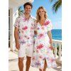 Vacation Couple Outfit Watercolor Cosmos Floral Print Slit Dress and Shirt Set - Rose clair S | US 4