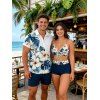Vacation Couple Outfit Tropical Hibiscus Floral Leaf Print Cinched Boyshorts Swimsuit and Shirt Set