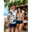 Vacation Couple Outfit Tropical Hibiscus Floral Leaf Print Cinched Boyshorts Swimsuit and Shirt Set - Cadetblue S | US 4