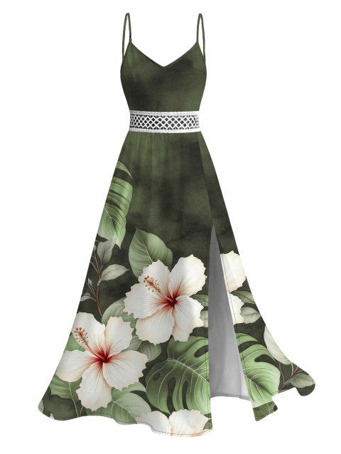 Robe de vacances imprimée de feuilles d'hibiscus aquarelle, fente en dentelle ajourée