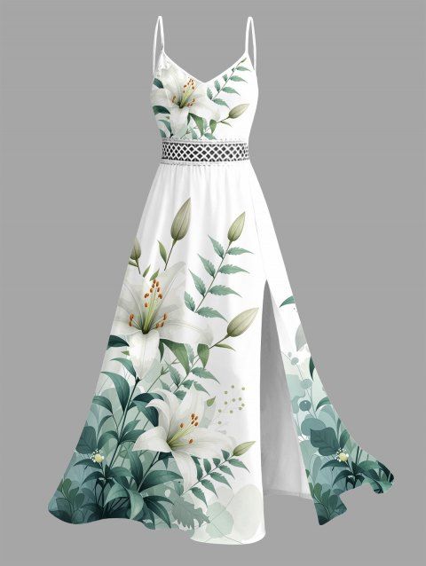 Robe de vacances style frais imprimé floral lys et feuilles, dentelle ajourée et fendue