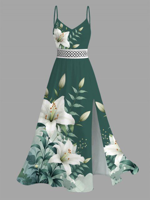 Robe de vacances style frais imprimé floral lys et feuilles, dentelle ajourée et fendue