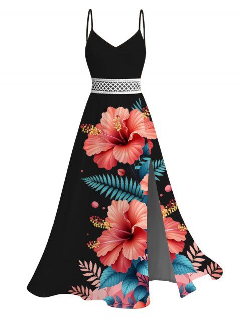 Robe de vacances maxi en dentelle ajourée fendue, imprimé floral hibiscus et feuilles