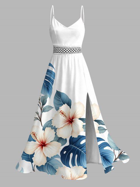 Robe de vacances imprimée de feuilles d'hibiscus aquarelle, fente en dentelle ajourée