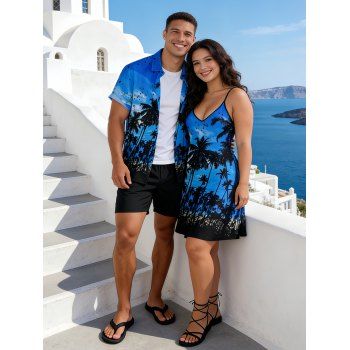 Sunset Tree Print V Neck High Waist Spaghetti Strap Dress and Roll Up Sleeve Shirt Resort Hawaii Outfit