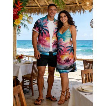 Landscape Coconut Tree Print V Neck High Waist Spaghetti Strap Dress and Roll Up Sleeve Shirt Resort Hawaii Outfit