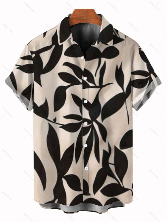 Vacation Couple Outfit Colorblock Minimalist Leaf Print V Notched Belt Dress and Shirt Set - Noir S | US 4