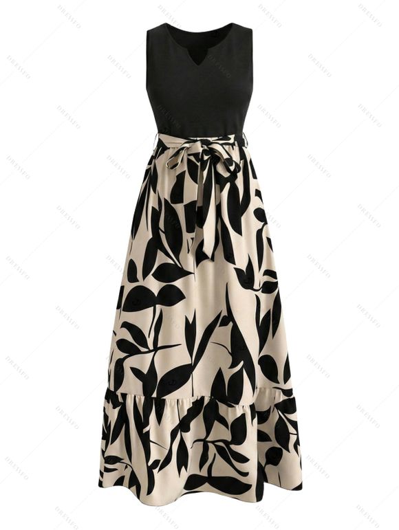 Vacation Couple Outfit Colorblock Minimalist Leaf Print V Notched Belt Dress and Shirt Set - Noir S | US 4