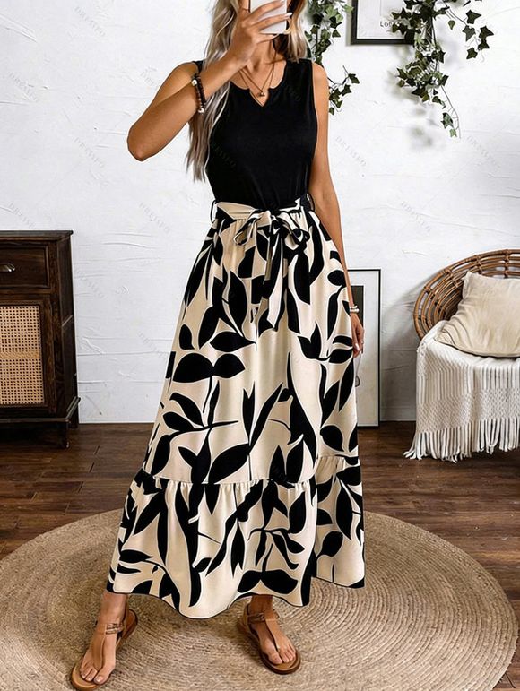 Vacation Couple Outfit Colorblock Minimalist Leaf Print V Notched Belt Dress and Shirt Set - Noir S | US 4