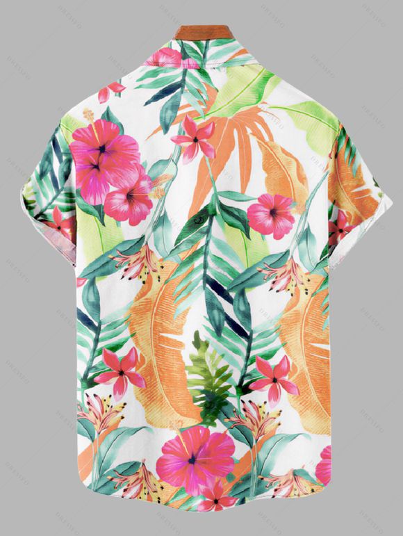 Vacation Couple Outfit Tropical Hibiscus Floral Leaf Print Lace Hollow Out Dress and Shirt Shorts Set - Orange S | US 4