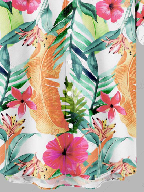 Vacation Couple Outfit Tropical Hibiscus Floral Leaf Print Lace Hollow Out Dress and Shirt Shorts Set - Orange S | US 4