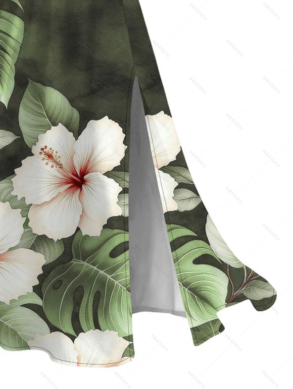 Two-tone Vacation Couple Outfit Hibiscus Floral Leaf Print Slit Lace Hollow Out Dress and Shirt Set - Vert Armée S | US 4