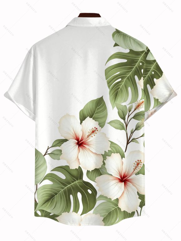 Two-tone Vacation Couple Outfit Hibiscus Floral Leaf Print Slit Lace Hollow Out Dress and Shirt Set - Vert Armée S | US 4