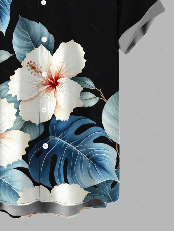 Two-tone Vacation Couple Outfit Hibiscus Floral Leaf Print Slit Lace Hollow Out Dress and Shirt Set - Noir S | US 4