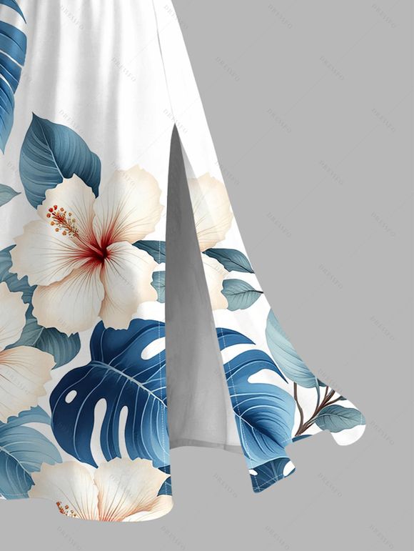 Two-tone Vacation Couple Outfit Hibiscus Floral Leaf Print Slit Lace Hollow Out Dress and Shirt Set - Noir S | US 4