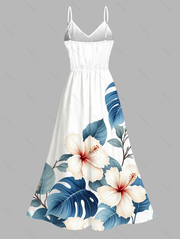 Robe de vacances imprimée de feuilles d'hibiscus aquarelle, fente en dentelle ajourée - Blanc XXXXXL | US 20