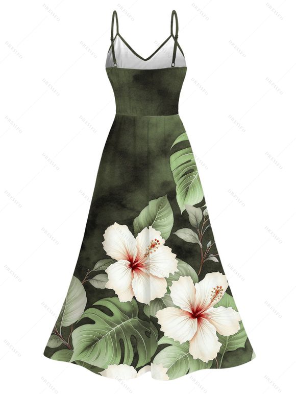 Robe de vacances imprimée de feuilles d'hibiscus aquarelle, fente en dentelle ajourée - Vert Armée XXXXXL | US 20