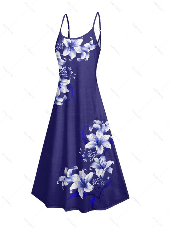 Robe de vacances à poches, imprimé floral Lily, bretelles spaghetti, coupe trapèze, longue et décontractée. - Bleu profond XXXXXL | US 20