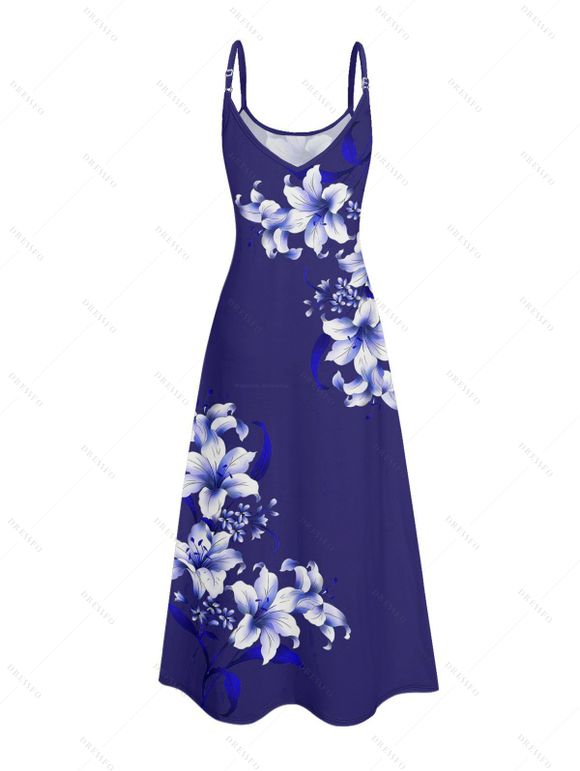 Robe de vacances à poches, imprimé floral Lily, bretelles spaghetti, coupe trapèze, longue et décontractée. - Bleu profond XXXXXL | US 20