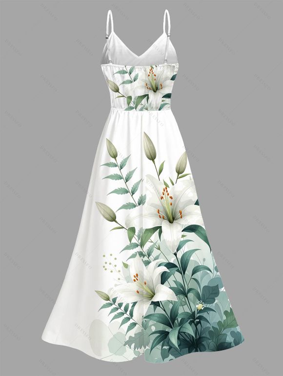 Robe de vacances style frais imprimé floral lys et feuilles, dentelle ajourée et fendue - Blanc XXXXXL | US 20