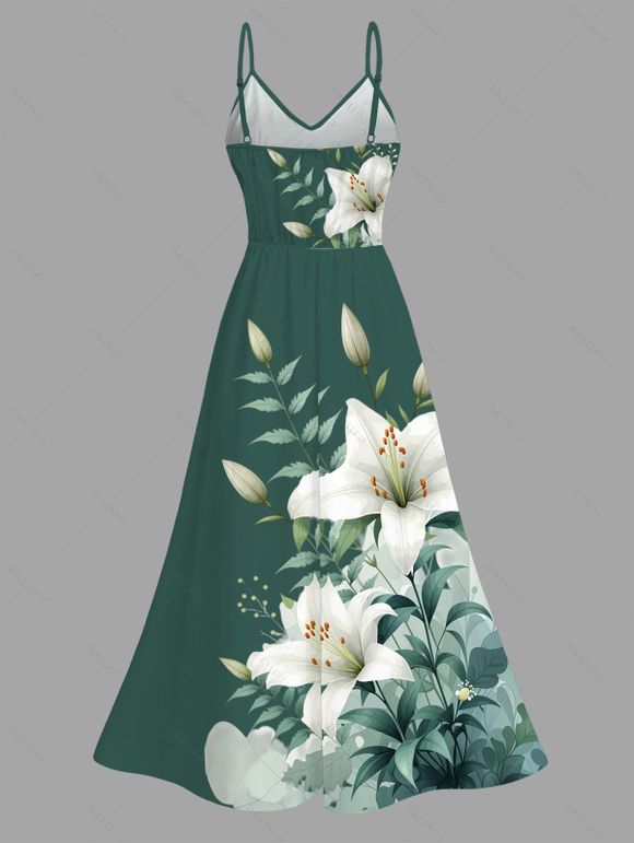 Robe de vacances style frais imprimé floral lys et feuilles, dentelle ajourée et fendue - PLANT GREEN XXXXXL | US 20