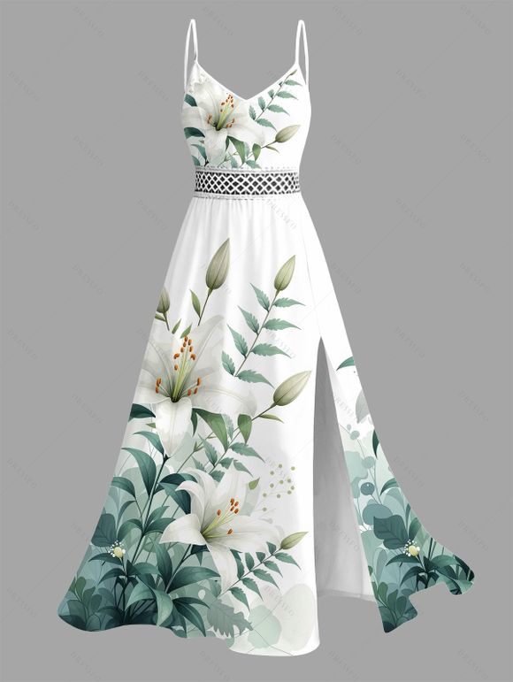 Vacation Couple Outfit Fresh Style Lily Floral Bud Leaf Print Lace Hollow Out Slit Dress and Shirt Set - Blanc S | US 4