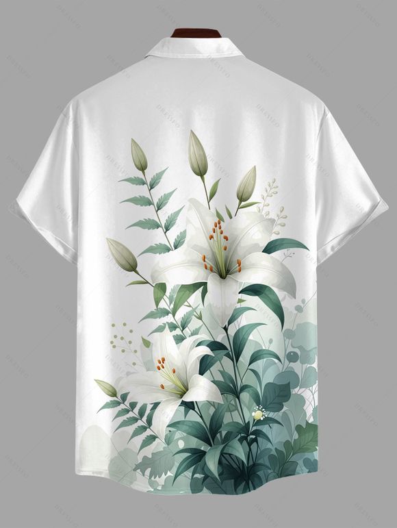 Vacation Couple Outfit Fresh Style Lily Floral Bud Leaf Print Lace Hollow Out Slit Dress and Shirt Set - Blanc S | US 4