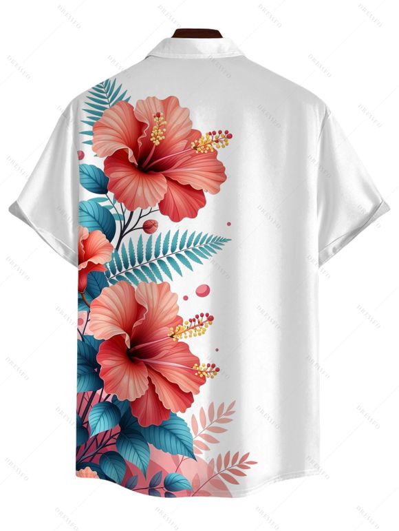 Chemise de vacances pour homme, imprimé floral d'hibiscus, boutonnée - Rouge Cerise 5XL