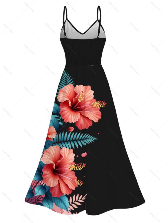 Robe de vacances maxi en dentelle ajourée fendue, imprimé floral hibiscus et feuilles - Rouge Cerise XXXXXL | US 20