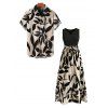 Vacation Couple Outfit Colorblock Minimalist Leaf Print V Notched Belt Dress and Shirt Set - Noir S | US 4