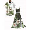 Two-tone Vacation Couple Outfit Hibiscus Floral Leaf Print Slit Lace Hollow Out Dress and Shirt Set - Vert Armée S | US 4